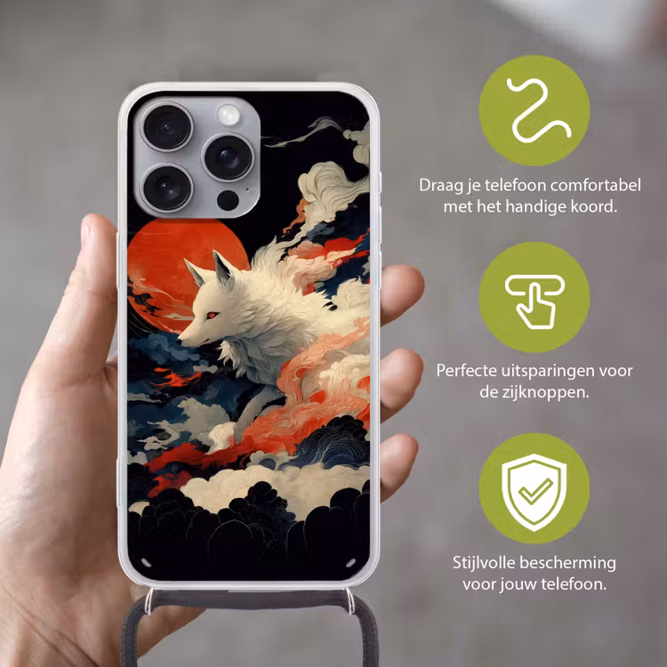 Witte vos - wolken - maan Hoesje iPhone 16 Pro Max met koord klein -sfeer2_NL