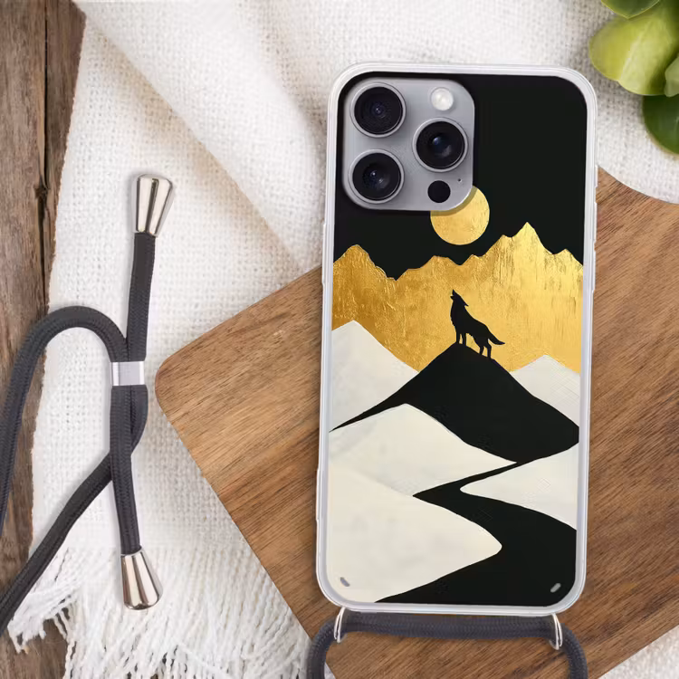 Wolf - Bergen - Maan - Zwart Hoesje iPhone 16 Pro Max met koord klein -sfeer4