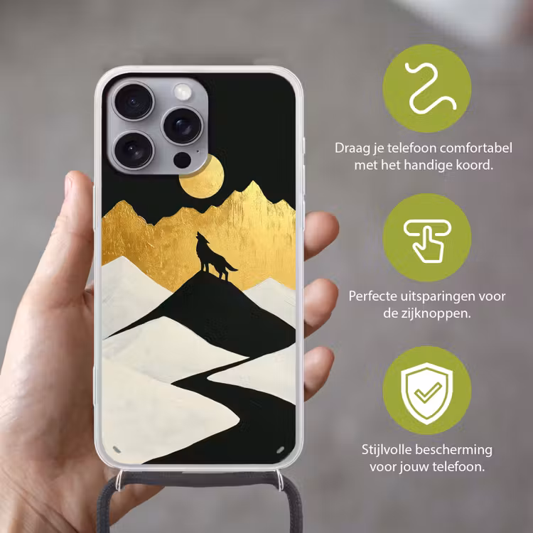 Wolf - Bergen - Maan - Zwart Hoesje iPhone 16 Pro Max met koord klein -sfeer2_NL