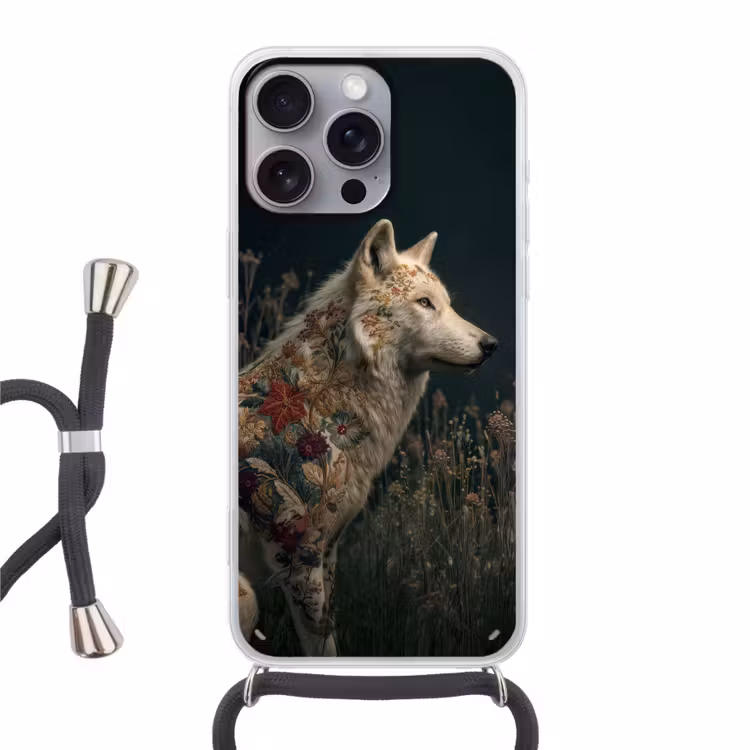 Wolf - Bloemen - Natuur Hoesje iPhone 16 Pro Max met koord klein -3d