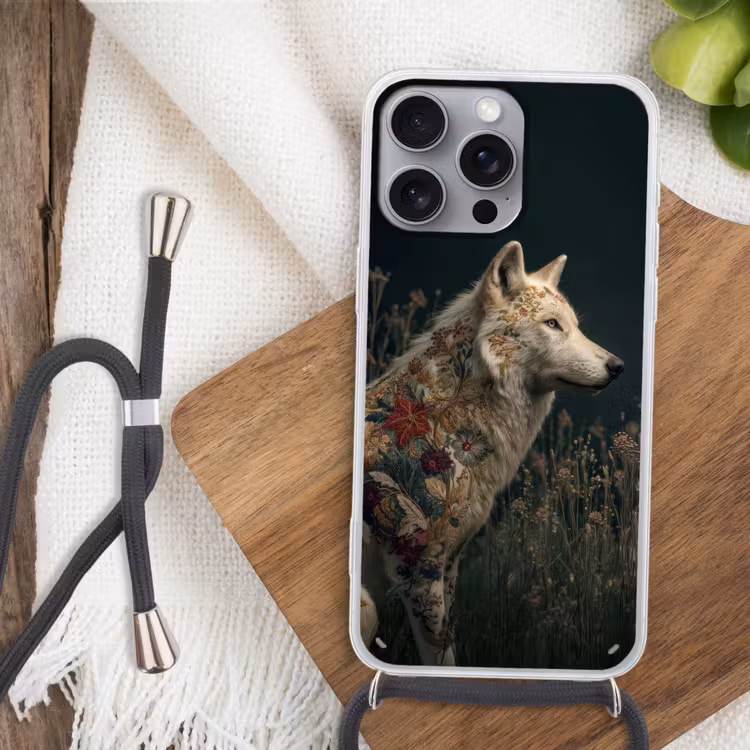 Wolf - Bloemen - Natuur Hoesje iPhone 16 Pro Max met koord klein -sfeer4