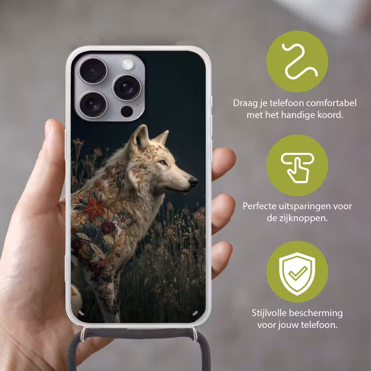 Wolf - Bloemen - Natuur Hoesje iPhone 16 Pro Max met koord klein -sfeer2_NL