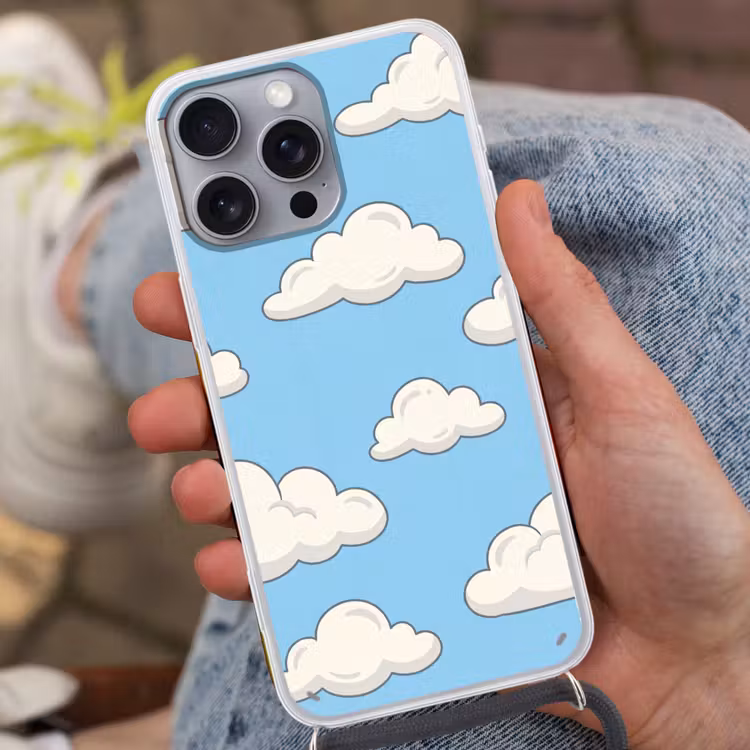 Wolk - Cartoon - Lucht - Blauw - Wit Hoesje iPhone 16 Pro Max met koord klein -sfeer3
