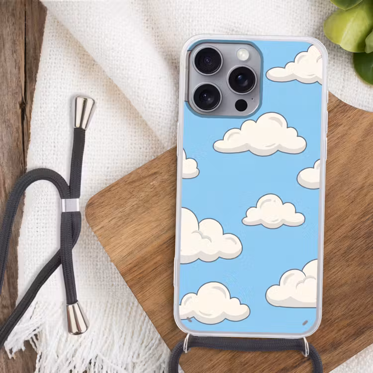 Wolk - Cartoon - Lucht - Blauw - Wit Hoesje iPhone 16 Pro Max met koord klein -sfeer4