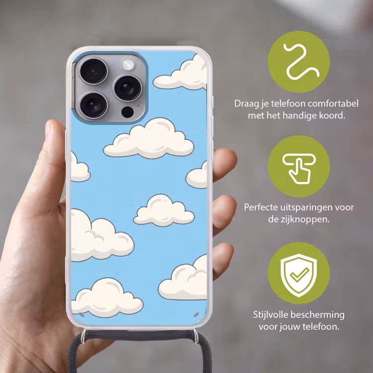 Wolk - Cartoon - Lucht - Blauw - Wit Hoesje iPhone 16 Pro Max met koord klein -sfeer2_NL