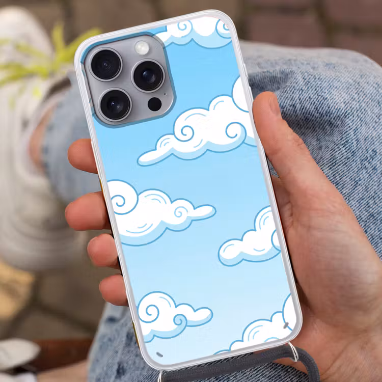 Wolk - Lucht - Cartoon - Blauw - Wit Hoesje iPhone 16 Pro Max met koord klein -sfeer3