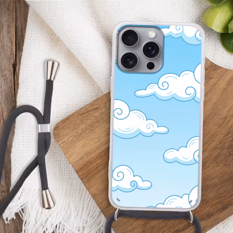 Wolk - Lucht - Cartoon - Blauw - Wit Hoesje iPhone 16 Pro Max met koord klein -sfeer4