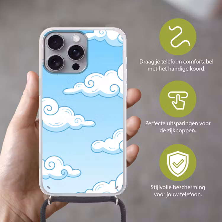 Wolk - Lucht - Cartoon - Blauw - Wit Hoesje iPhone 16 Pro Max met koord klein -sfeer2_NL