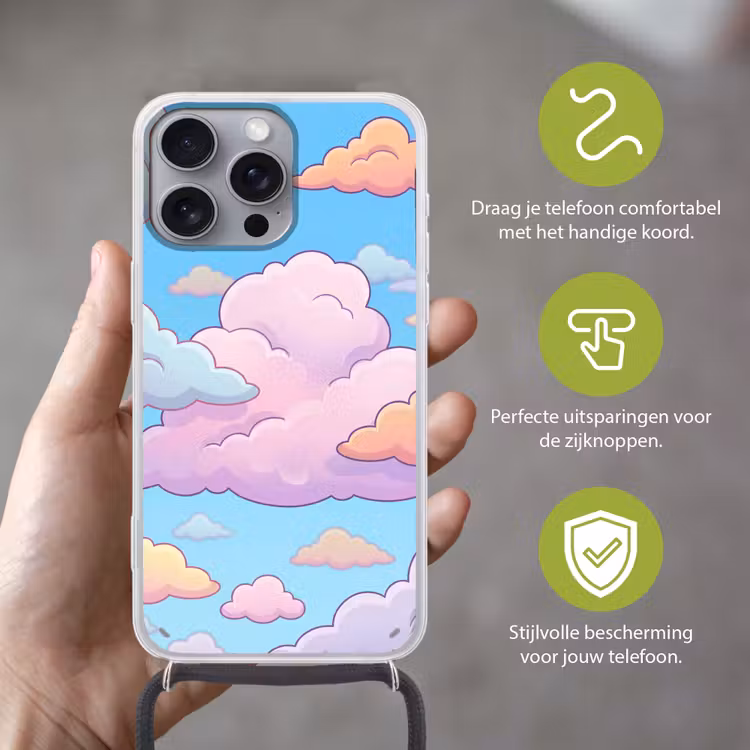 Wolk - Lucht - Natuur - Illustratie - Pastel Hoesje iPhone 16 Pro Max met koord klein -sfeer2_NL