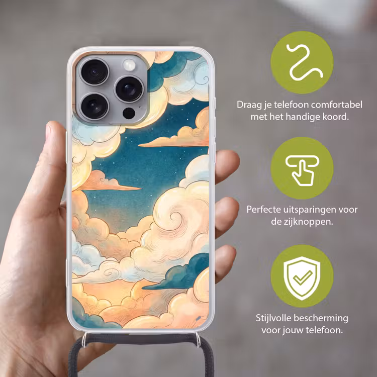 Wolk - Lucht - Natuur - Illustratief - Oranje Hoesje iPhone 16 Pro Max met koord klein -sfeer2_NL