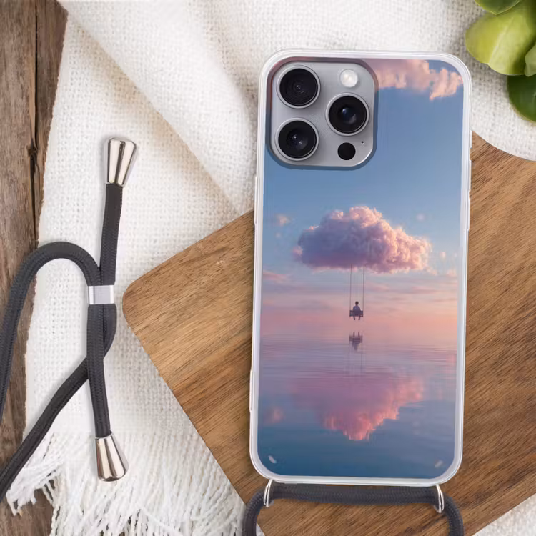 Wolk - Schommel - Kleurrijke lucht Hoesje iPhone 16 Pro Max met koord klein -sfeer4