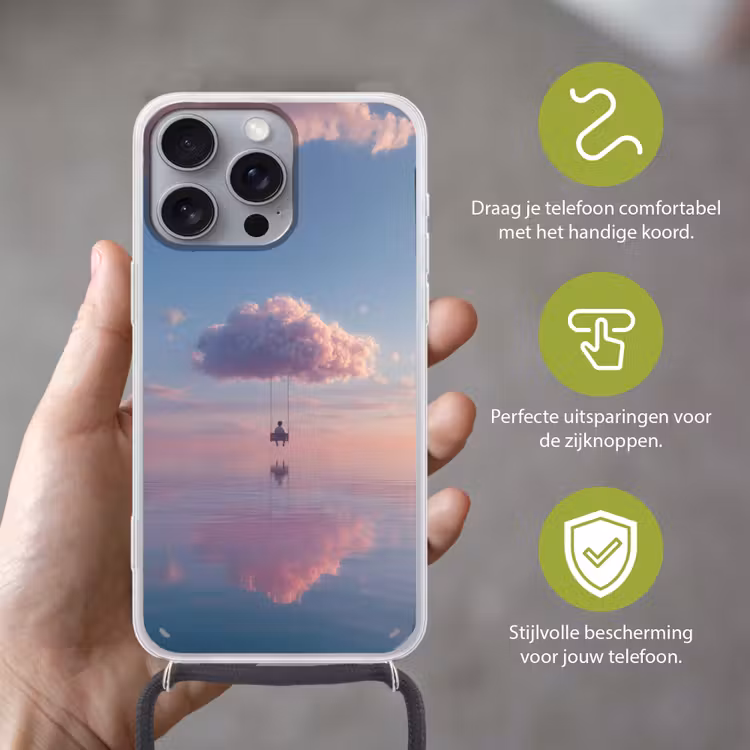 Wolk - Schommel - Kleurrijke lucht Hoesje iPhone 16 Pro Max met koord klein -sfeer2_NL