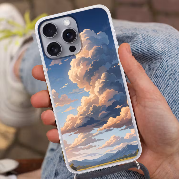 Wolken - Daghemel - Natuur - Illustratie - Oranje Hoesje iPhone 16 Pro Max met koord klein -sfeer3