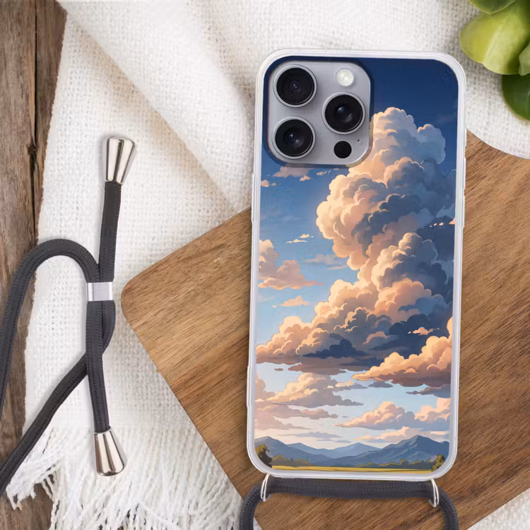 Wolken - Daghemel - Natuur - Illustratie - Oranje Hoesje iPhone 16 Pro Max met koord klein -sfeer4