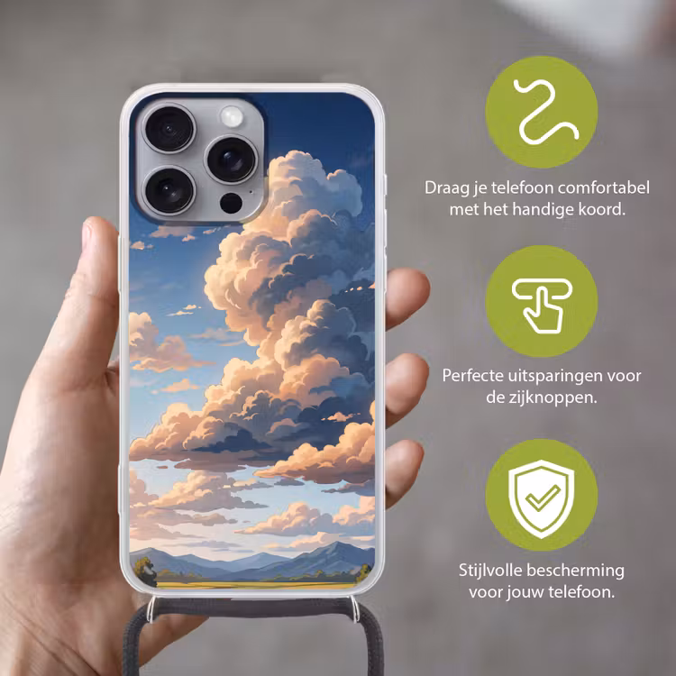 Wolken - Daghemel - Natuur - Illustratie - Oranje Hoesje iPhone 16 Pro Max met koord klein -sfeer2_NL