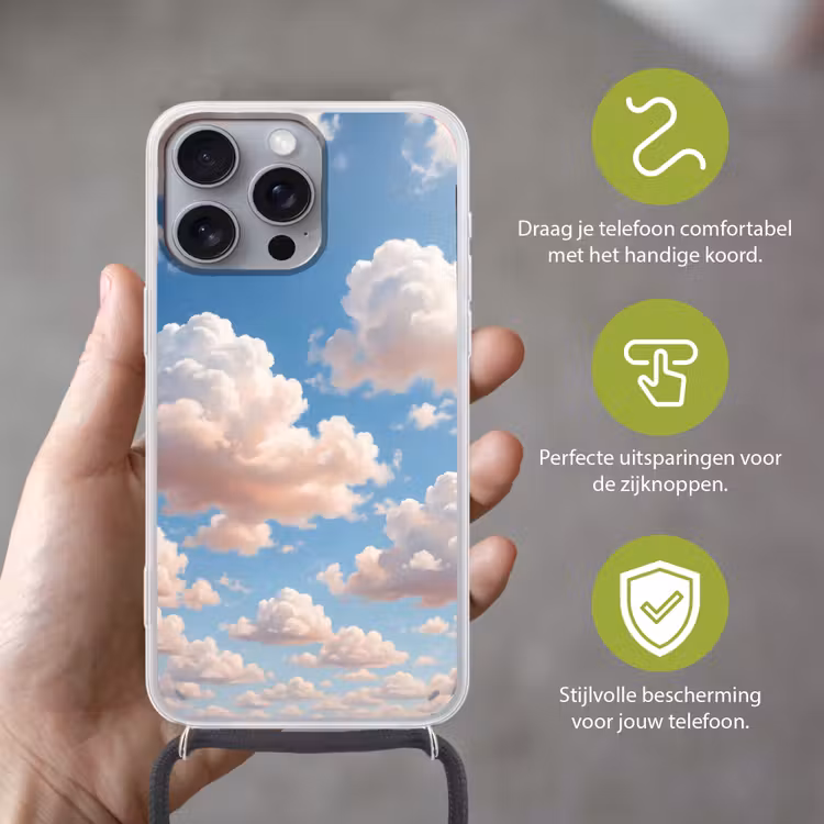 Wolken - Hemel - Natuur - Licht - Blauw Hoesje iPhone 16 Pro Max met koord klein -sfeer2_NL