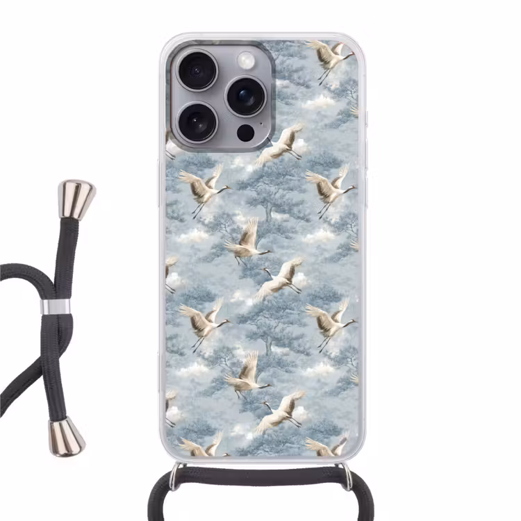 Wolken - Kraanvogels - Blauw Hoesje iPhone 16 Pro Max met koord klein 804 -3d