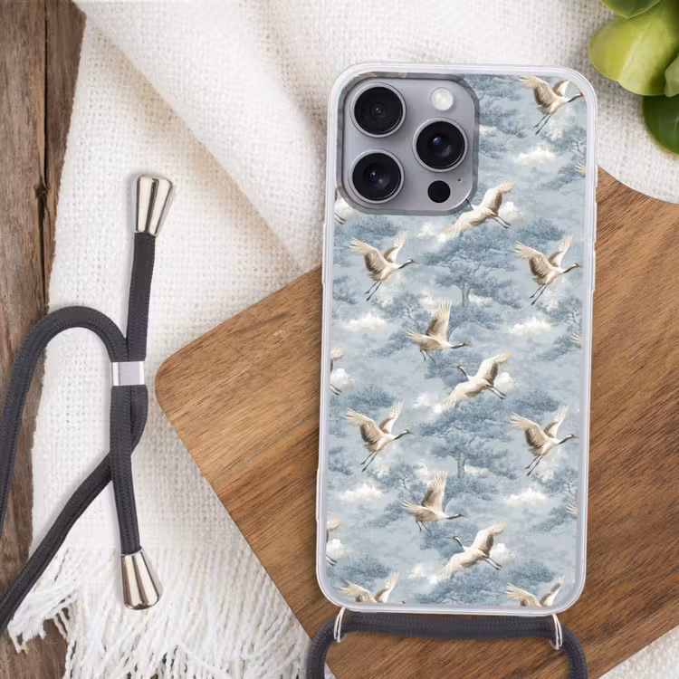 Wolken - Kraanvogels - Blauw Hoesje iPhone 16 Pro Max met koord klein 804 -sfeer4