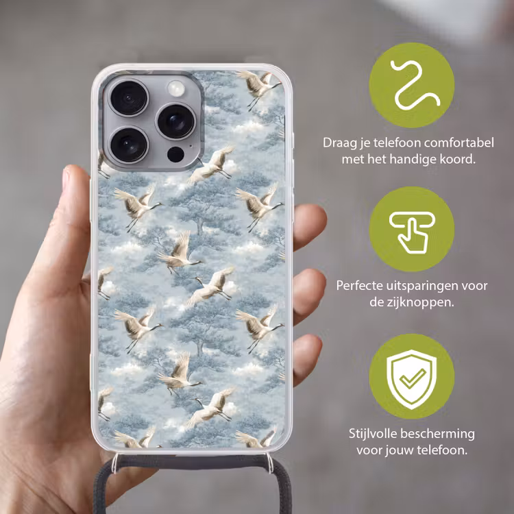 Wolken - Kraanvogels - Blauw Hoesje iPhone 16 Pro Max met koord klein 804 -sfeer2_NL