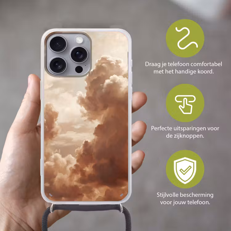 Wolken - Lucht - Natuur - Modern - Bruin Hoesje iPhone 16 Pro Max met koord klein -sfeer2_NL