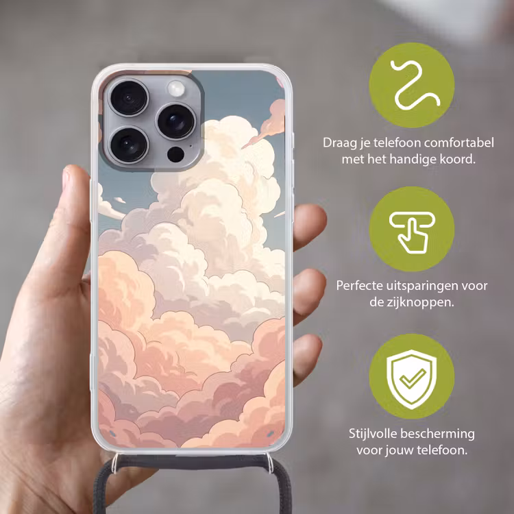 Wolken - Lucht - Natuur - Pastel - Roze Hoesje iPhone 16 Pro Max met koord klein -sfeer2_NL