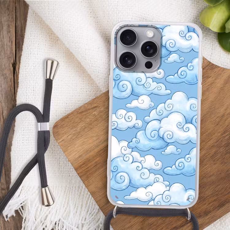 Wolken - Patroon - Hemel - Illustratie - Wit Hoesje iPhone 16 Pro Max met koord klein -sfeer4