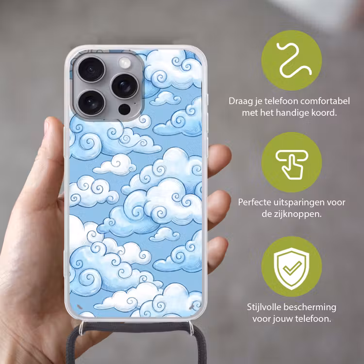 Wolken - Patroon - Hemel - Illustratie - Wit Hoesje iPhone 16 Pro Max met koord klein -sfeer2_NL