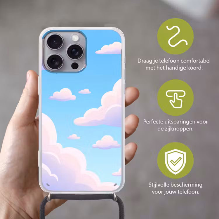 Wolken - Roze - Blauw - Natuur - Modern Hoesje iPhone 16 Pro Max met koord klein -sfeer2_NL
