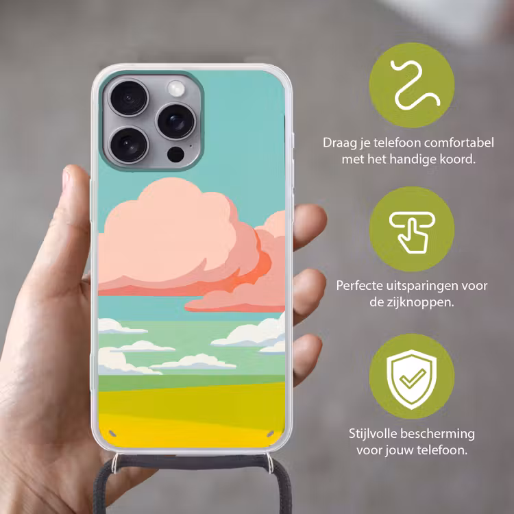 Wolken - Roze - Natuur - Modern - Pastel Hoesje iPhone 16 Pro Max met koord klein -sfeer2_NL