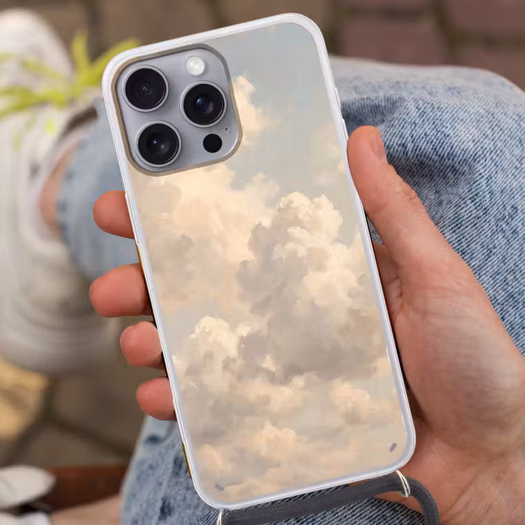 Wolken - Zacht - Natuur - Klassiek - Beige Hoesje iPhone 16 Pro Max met koord klein -sfeer3