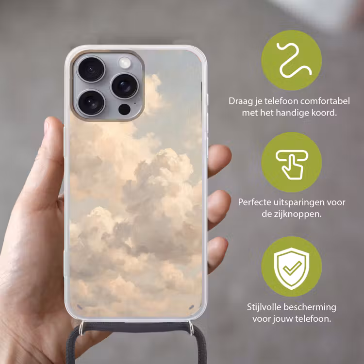 Wolken - Zacht - Natuur - Klassiek - Beige Hoesje iPhone 16 Pro Max met koord klein -sfeer2_NL
