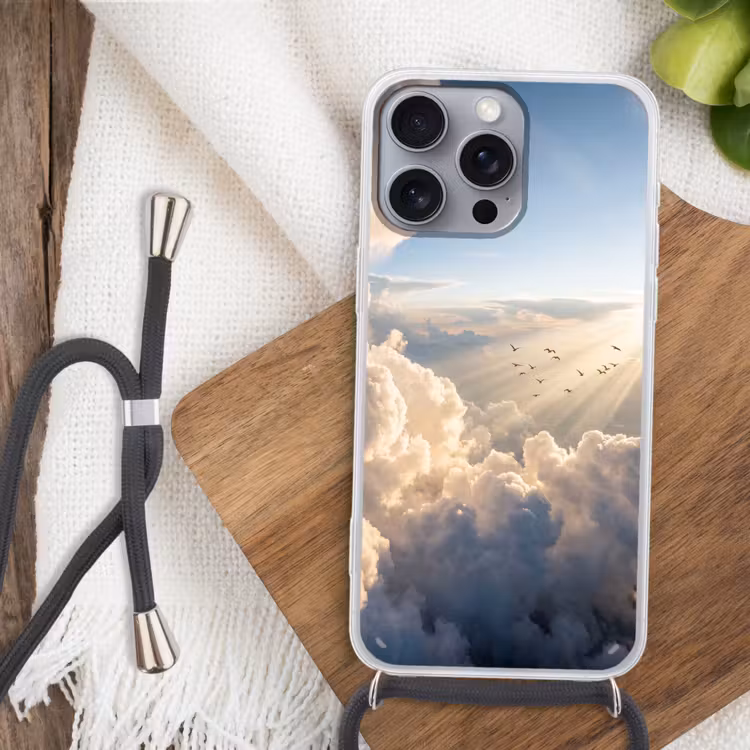 Wolken - Zonnestralen - Natuur - Wit Hoesje iPhone 16 Pro Max met koord klein -sfeer4