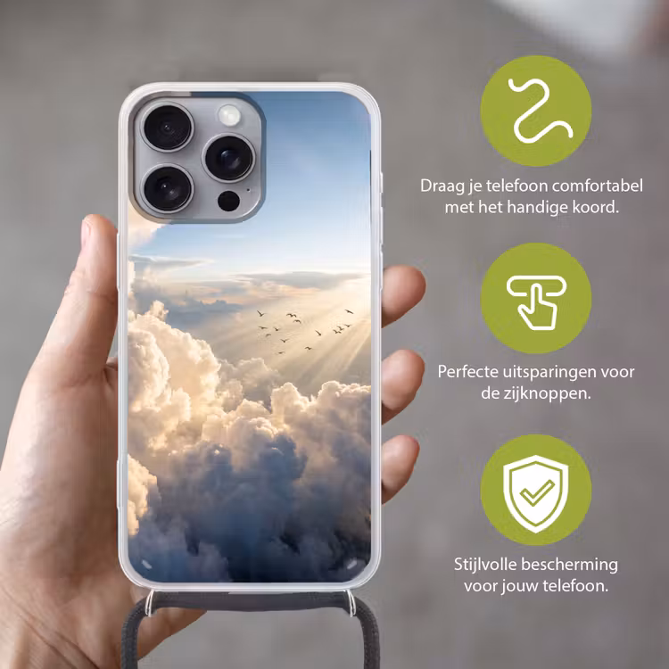 Wolken - Zonnestralen - Natuur - Wit Hoesje iPhone 16 Pro Max met koord klein -sfeer2_NL