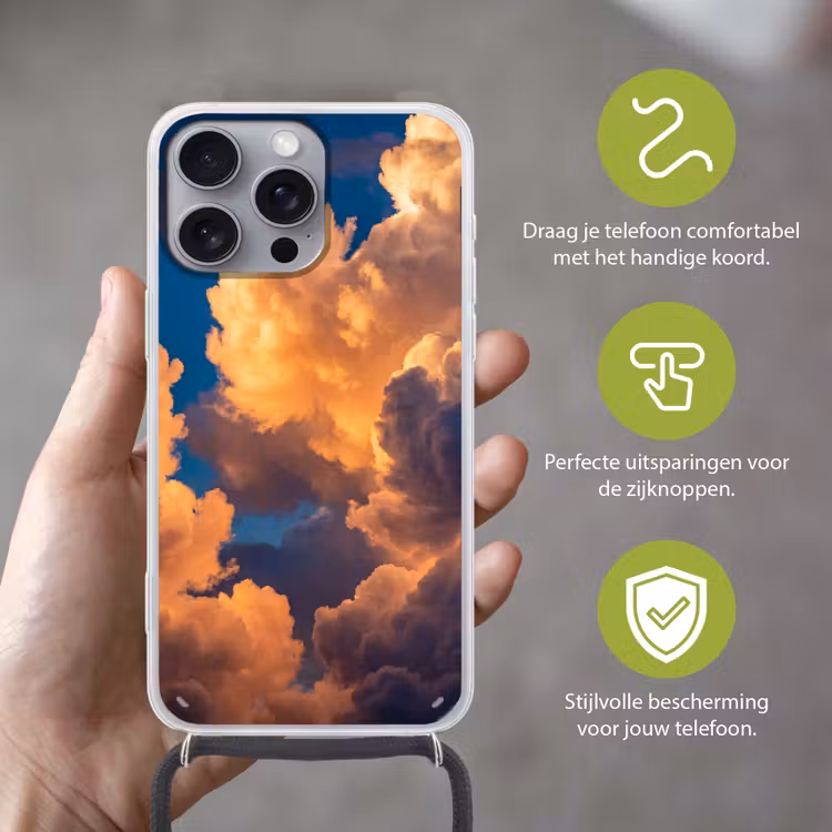Wolken - Zonsondergang - Natuur - Oranje - Blauw Hoesje iPhone 16 Pro Max met koord klein -sfeer2_NL