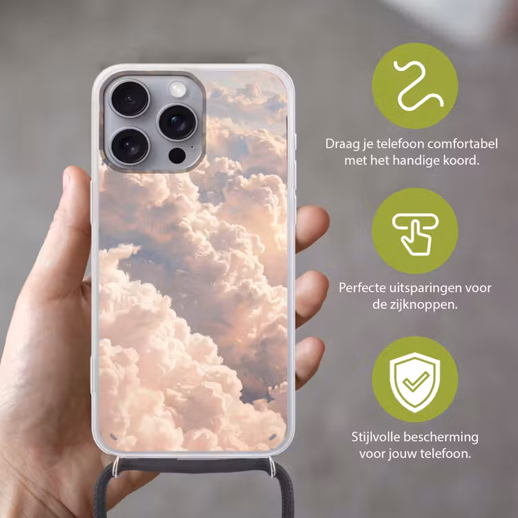 Wolken - Zonsondergang - Natuur - Pastel - Roze Hoesje iPhone 16 Pro Max met koord klein -sfeer2_NL