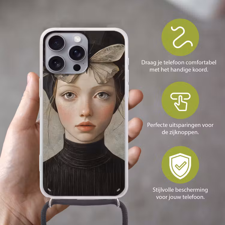 Woman - Butterfly - Art - Classic - Muted Hoesje iPhone 16 Pro Max met koord klein -sfeer2_NL