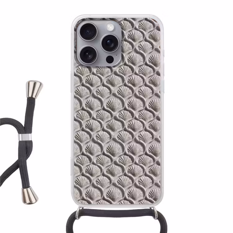 Zand - Schelpenvorm - Grijs Hoesje iPhone 16 Pro Max met koord klein 804 -3d