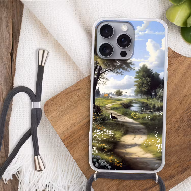 Zandpad - Groen landschap - Water Hoesje iPhone 16 Pro Max met koord klein -sfeer4