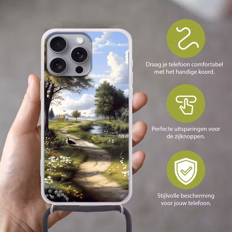 Zandpad - Groen landschap - Water Hoesje iPhone 16 Pro Max met koord klein -sfeer2_NL