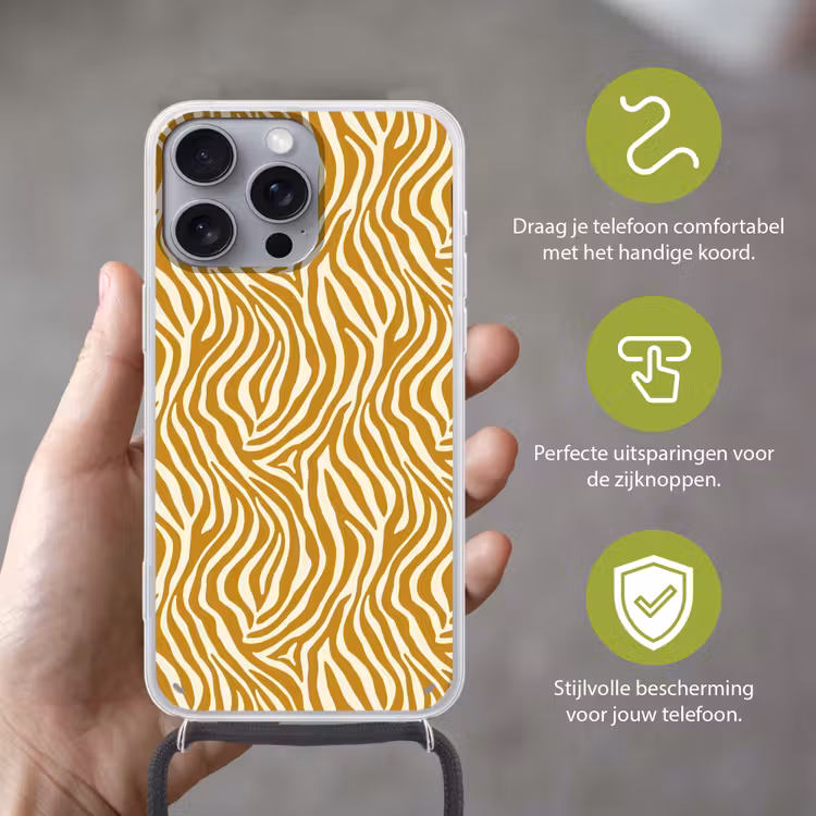Zebra - Klassiek - Oker - Geel Hoesje iPhone 16 Pro Max met koord klein 804 -sfeer2_NL