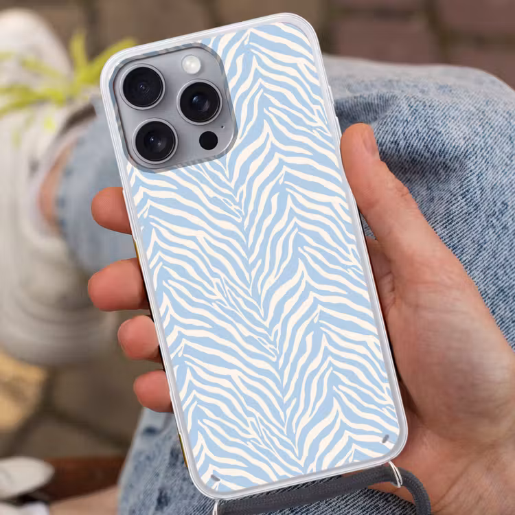 Zebra - Motief - Blauw - Wit Hoesje iPhone 16 Pro Max met koord klein 804 -sfeer3