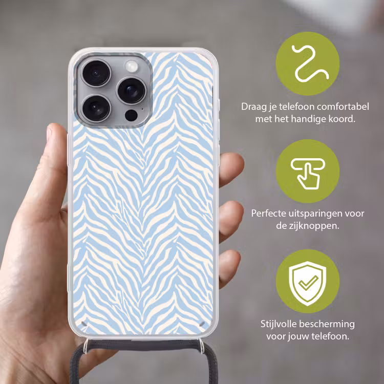 Zebra - Motief - Blauw - Wit Hoesje iPhone 16 Pro Max met koord klein 804 -sfeer2_NL