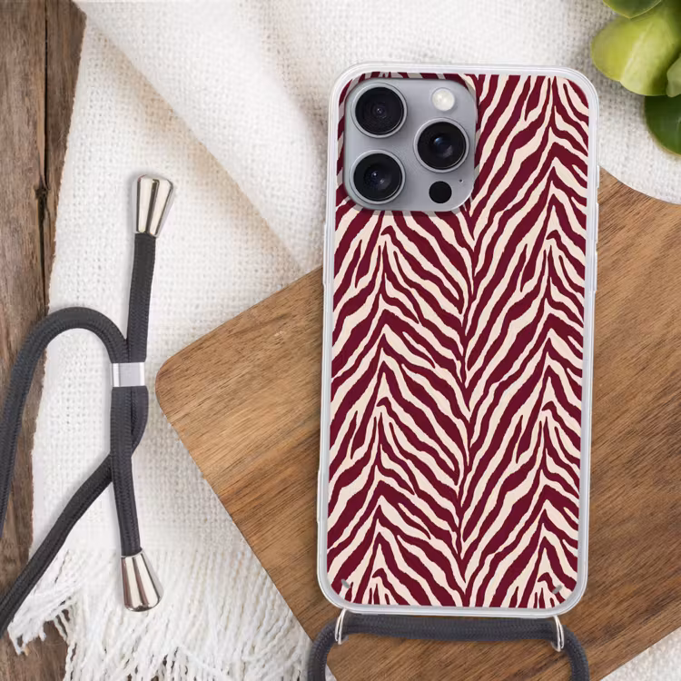 Zebra - Motief - Bordeaux - Rood Hoesje iPhone 16 Pro Max met koord klein 804 -sfeer4