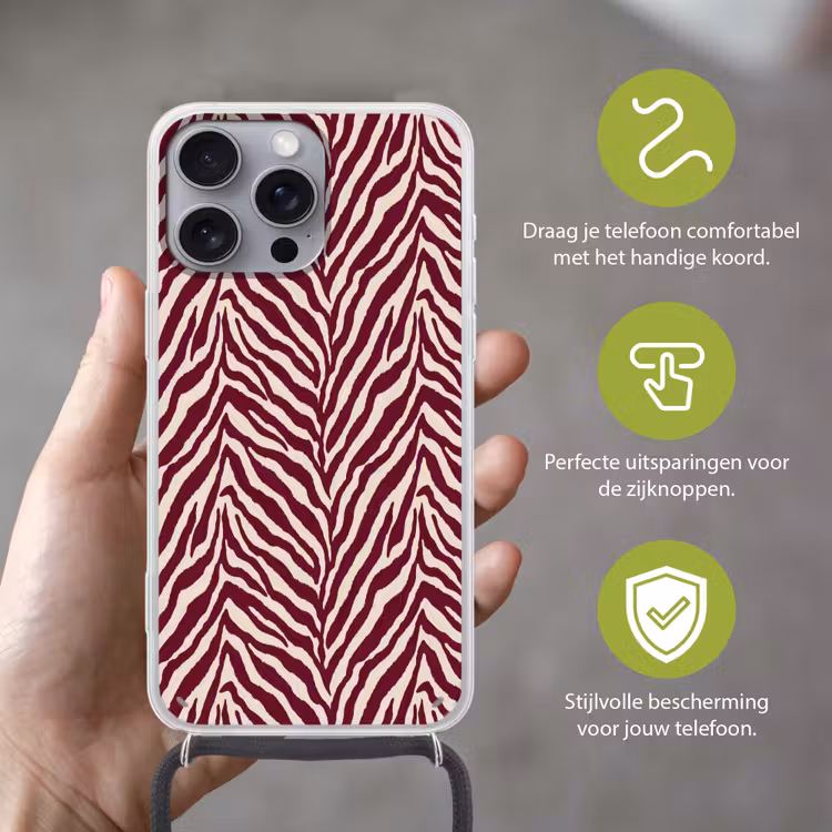 Zebra - Motief - Bordeaux - Rood Hoesje iPhone 16 Pro Max met koord klein 804 -sfeer2_NL