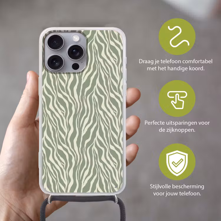 Zebra - Motief - Groen Hoesje iPhone 16 Pro Max met koord klein 804 -sfeer2_NL