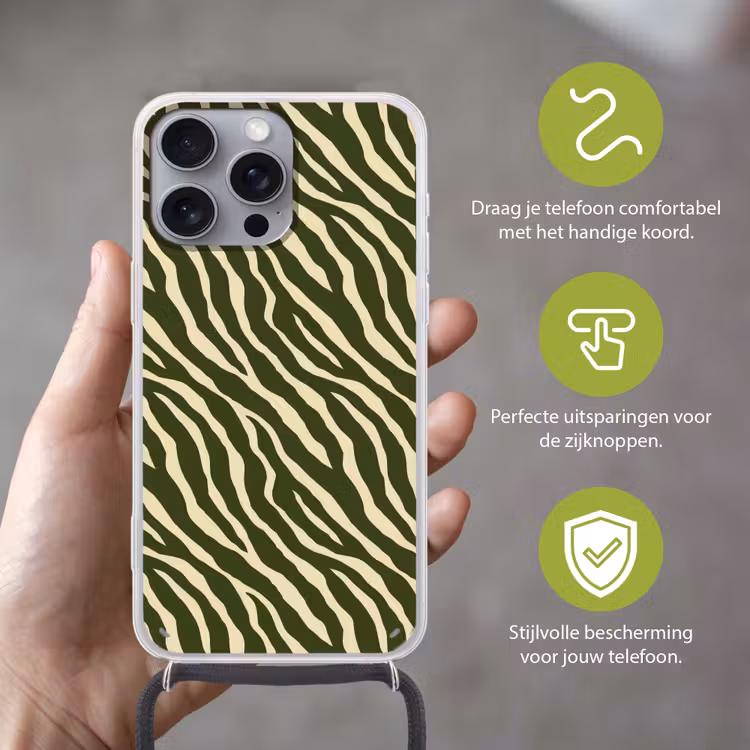 Zebra - Patroon - Groen Hoesje iPhone 16 Pro Max met koord klein 804 -sfeer2_NL