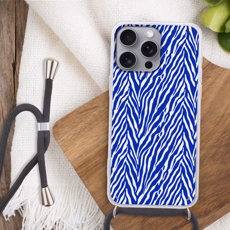 Zebra - Patroon - Kobalt - Blauw Hoesje iPhone 16 Pro Max met koord klein 804 -sfeer4
