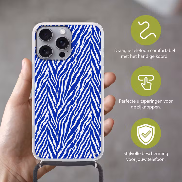 Zebra - Patroon - Kobalt - Blauw Hoesje iPhone 16 Pro Max met koord klein 804 -sfeer2_NL