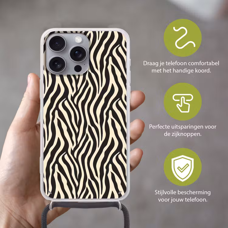 Zebra - Print - Klassiek - Zwart Hoesje iPhone 16 Pro Max met koord klein 804 -sfeer2_NL