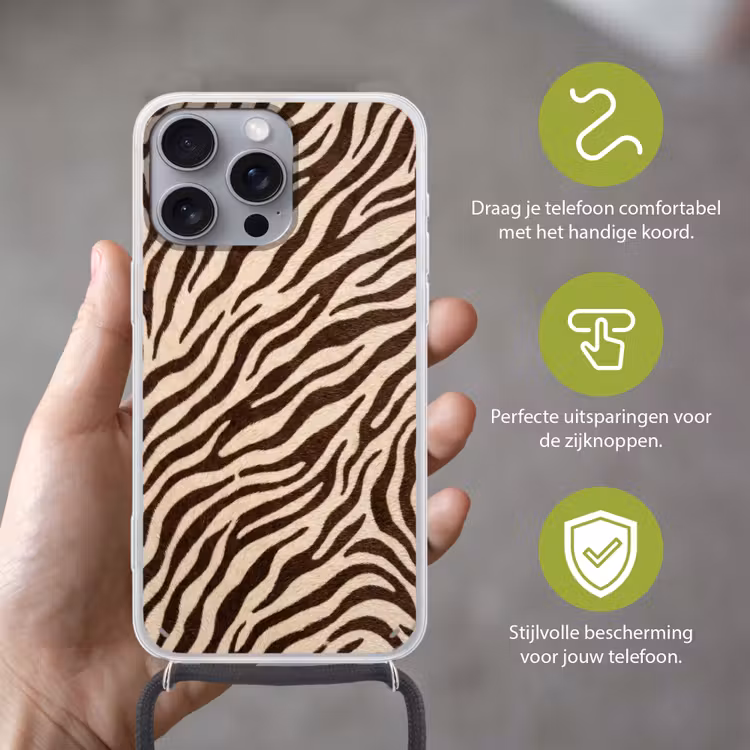 Zebra - Strepen - Bruin Hoesje iPhone 16 Pro Max met koord klein -sfeer2_NL